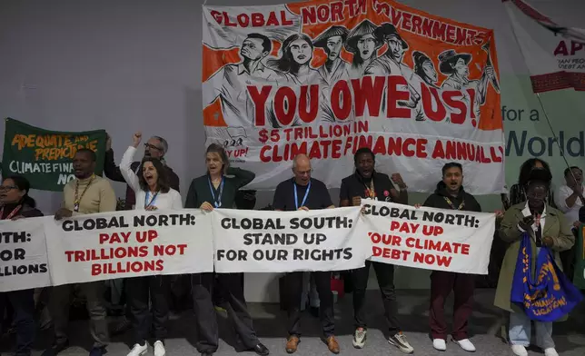 Activists participate in a demonstration for climate finance at the COP29 U.N. Climate Summit, Wednesday, Nov. 20, 2024, in Baku, Azerbaijan. (AP Photo/Peter Dejong)