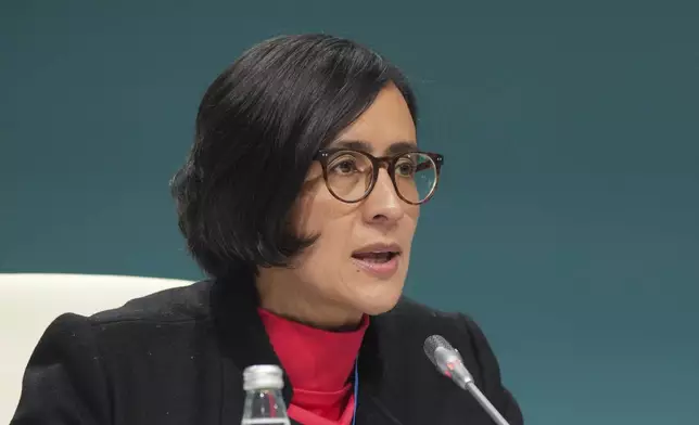 Susana Muhamad, environment minister of Colombia, speaks during a session at the COP29 U.N. Climate Summit, Saturday, Nov. 16, 2024, in Baku, Azerbaijan. (AP Photo/Sergei Grits)