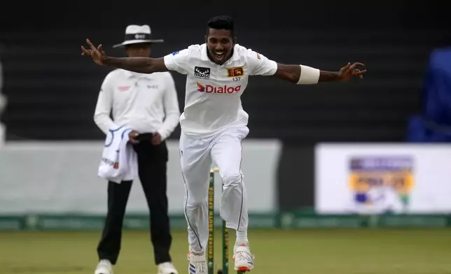 Sri Lanka's bowler Vishwa Fernando unsuccessful appeals for LBW against South Africa's Tristan Stubbs during day one of the first Test cricket match between South Africa and Sri Lanka, at Kingsmead stadium in Durban, South Africa, Wednesday, Nov. 27, 2024. (AP Photo/Themba Hadebe)