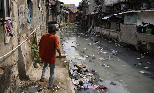 A man walks along a canal polluted with plastic and other waste at a low-income neighborhood in Jakarta, Indonesia, Tuesday, Nov. 26, 2024. (AP Photo/Dita Alangkara)