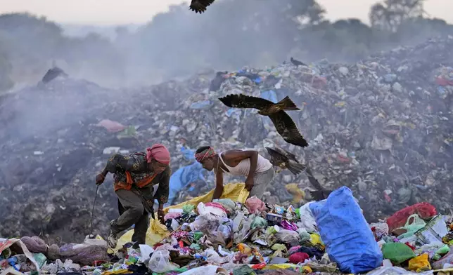 FILE- Waste pickers Salmaa and Usmaan Shekh, right, search for recyclable materials during a heat wave at a garbage dump on the outskirts of Jammu, India, Wednesday, June 19, 2024. (AP Photo/Channi Anand, File)