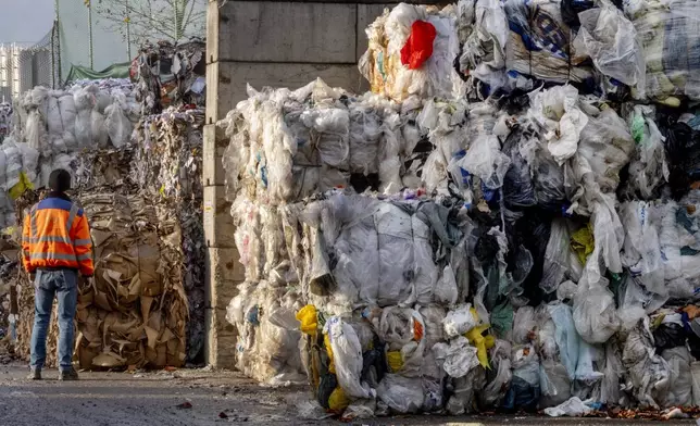 Plastic waste is stored in a recycling centre in Frankfurt, Germany, Wednesday, Nov. 27, 2024. (AP Photo/Michael Probst)