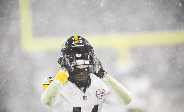 Pittsburgh Steelers wide receiver George Pickens (14) reacts after missing a pass in the second half of an NFL football game against the Cleveland Browns, Thursday, Nov. 21, 2024, in Cleveland. The Browns won 24-19. (AP Photo/David Richard)