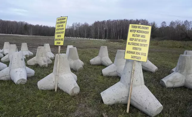 Concrete barriers that are part of Poland's East Shield fortification at Poland's border with Russia in Dabrowka, Poland, on Saturday Nov. 30, 2024. (AP Photo/Czarek Sokolowski)