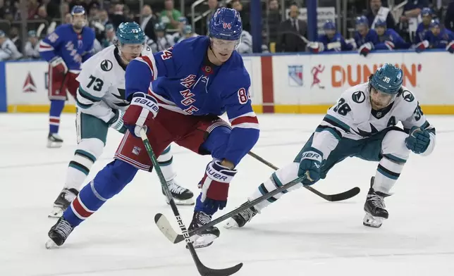 New York Rangers' Adam Edstrom, left, brings the puck up the ice as San Jose Sharks' Mario Ferraro follows during the second period of an NHL hockey game Thursday, Nov. 14, 2024, in New York. (AP Photo/Seth Wenig)