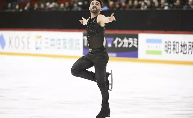 Kevin Aymoz of France skates during Men's, Short Program, at the international figure skating competition Grand Prix Finlandia Trophy in Helsinki, Finland on Friday, Nov. 15, 2024. (Mikko Stig /Lehtikuva via AP)