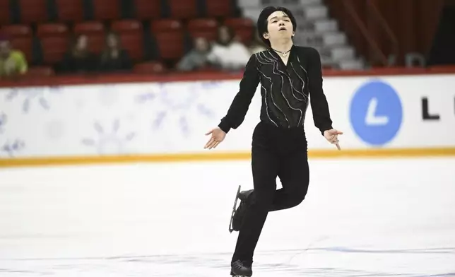 Yuma Kagiyama of Japan skates during Men's, Short Program, at the international figure skating competition Grand Prix Finlandia Trophy in Helsinki, Finland on Friday, Nov. 15, 2024. (Mikko Stig /Lehtikuva via AP)