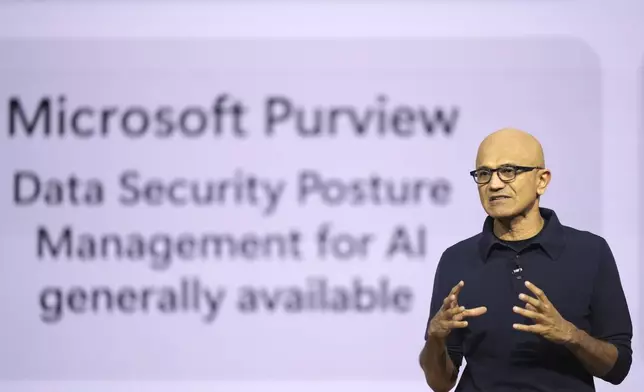 Microsoft CEO Satya Nadella addresses attendees at the Microsoft Ignite conference Tuesday, Nov. 19, 2024, in Chicago. (AP Photo/Charles Rex Arbogast)