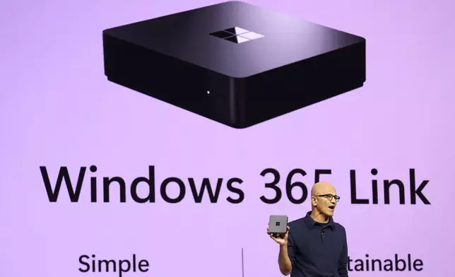 Microsoft CEO Satya Nadella introduces Windows 365 Link at the Microsoft Ignite conference Tuesday, Nov. 19, 2024, in Chicago. (AP Photo/Charles Rex Arbogast)