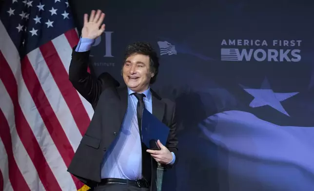 Argentina's President Javier Milei arrives to speak before President-elect Donald Trump during an America First Policy Institute gala at his Mar-a-Lago estate, Thursday, Nov. 14, 2024, in Palm Beach, Fla. (AP Photo/Alex Brandon)