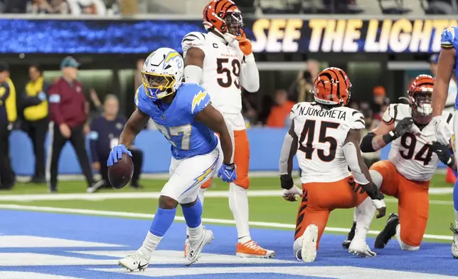 Los Angeles Chargers running back J.K. Dobbins (27) scores a rushing touchdown during the first half of an NFL football game against the Cincinnati Bengals, Sunday, Nov. 17, 2024, in Inglewood, Calif. (AP Photo/Gregory Bull)