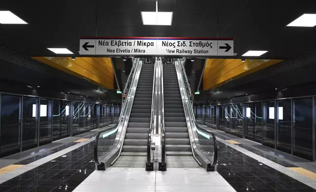 The newly built Agias Sofias metro station ahead of its Nov. 30 official opening, in Thessaloniki, northern Greece, Friday, Nov. 22, 2024 – part of the city's long-delayed subway system showcasing archaeological finds from decades of construction. (AP Photo/Giannis Papanikos)