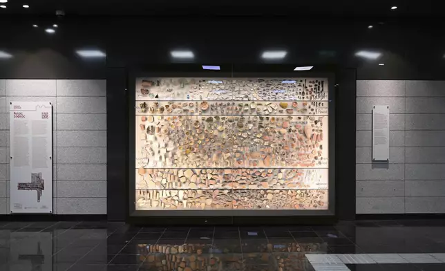 Ancient antiquities are displayed at the newly built Agias Sofias metro station ahead of its Nov. 30 official opening, in Thessaloniki, northern Greece, Friday, Nov. 22, 2024 – part of the city's long-delayed subway system showcasing archaeological finds from decades of construction. (AP Photo/Giannis Papanikos)