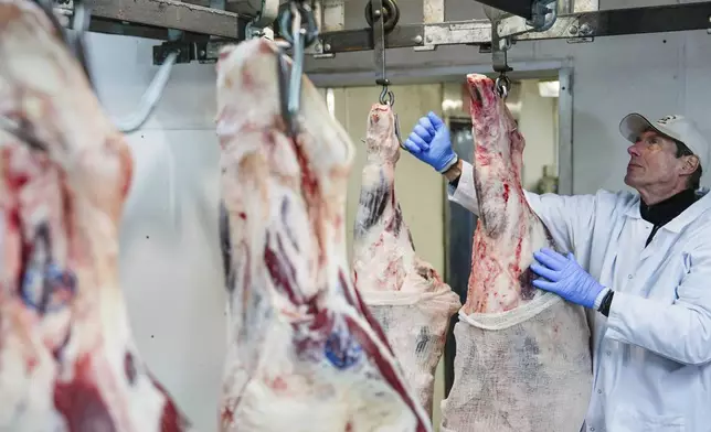 John Jobbagy shows cuts of beef in the meat locker of J.T. Jobbagy Inc. during an interview in the Meatpacking District of Manhattan, Tuesday, Nov. 19, 2024, in New York. (AP Photo/Julia Demaree Nikhinson)