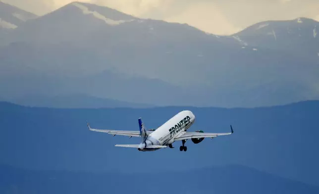 FILE - A Frontier Airlines jet takes off from Denver International Airport on July 5, 2022, in Denver. (AP Photo/David Zalubowski, File)