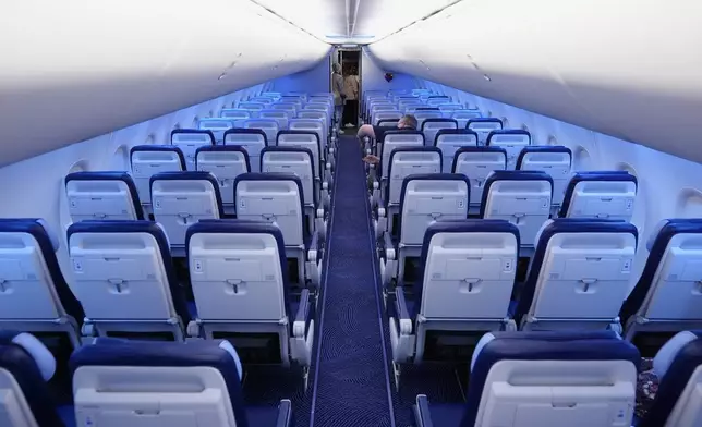 FILE - Rows of seats are shown on a retrofitted Southwest Airlines jet at Love Field, Sept. 26, 2024, in Dallas. (AP Photo/Tony Gutierrez, File)