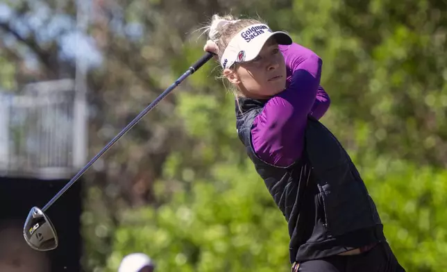 Nelly Korda tees off on the first hole during the first round of the LPGA CME Group Tour Championship golf tournament Thursday, Nov. 21, 2024, in Naples, Fla. (AP Photo/Chris Tilley)