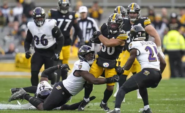 Pittsburgh Steelers running back Jaylen Warren (30) is brought down by Baltimore Ravens linebacker Roquan Smith, left, after making a catch during the second half of an NFL football game, Sunday, Nov. 17, 2024, in Pittsburgh. (AP Photo/Gene J. Puskar)