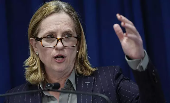 Queens District Attorney Melinda Katz speaks at a press conference on an international stolen merchandise ring, Tuesday, Nov. 26, 2024, in the Queens borough of New York. (AP Photo/Julia Demaree Nikhinson)