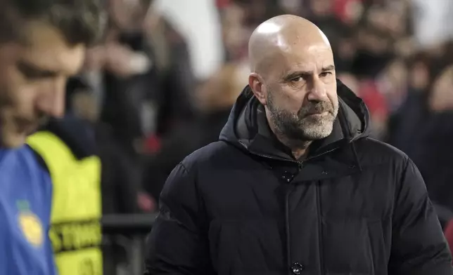 PSV's head coach Peter Bosz prior to the Champions League opening phase soccer match between PSV Eindhoven and Shakhtar Donetsk at the PSV Stadium in Eindhoven, Netherlands, Wednesday, Nov. 27, 2024. (AP Photo/Patrick Post)