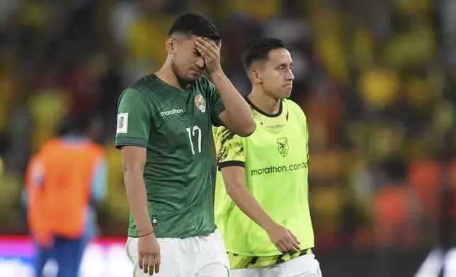 Bolivia's Adalid Terrazas gestures after losing against Ecuador in a qualifying soccer match for the FIFA World Cup 2026 at Banco Pichincha Monumental Stadium in Guayaquil, Ecuador, Thursday, Nov. 14, 2024. (AP Photo/Dolores Ochoa)