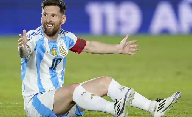 Argentina's Lionel Messi reacts during a qualifying soccer match for the FIFA World Cup 2026 against Paraguay in Asuncion, Paraguay, Thursday, Nov. 14, 2024. (AP Photo/Jorge Saenz)