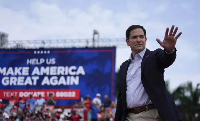 FILE - Sen. Marco Rubio, R-Fla., arrives to speak before Republican presidential candidate former President Donald Trump at a campaign rally at Trump National Doral Miami, in Doral, Fla., July 9, 2024. (AP Photo/Rebecca Blackwell, File)