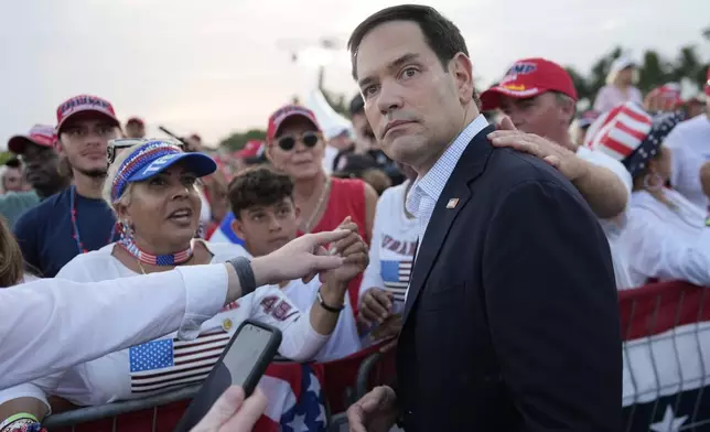 FILE - Sen. Marco Rubio, R-Fla., arrives before Republican presidential candidate former President Donald Trump speaks at a campaign rally in Doral, Fla., July 9, 2024. (AP Photo/Rebecca Blackwell, File)