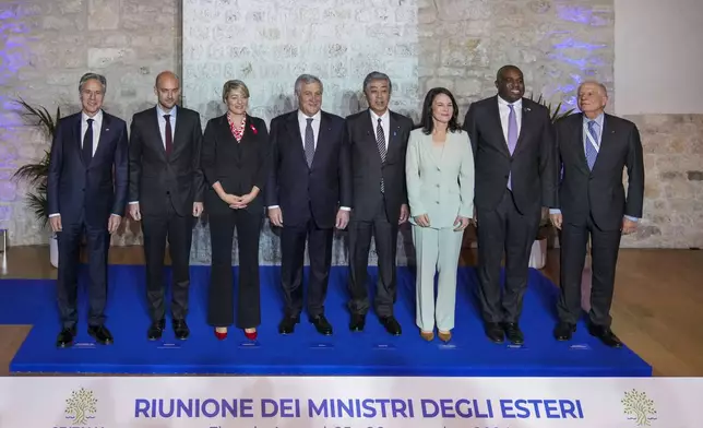 From left, U.S. Secretary of State Antony Blinken , French Foreign Minister Jean-Noël Barrot, Canada's Foreign Minister Melanie Joly, Italian Foreign Minister Antonio Tajani, Japanese Foreign Minister Takeshi Iwaya, German Foreign Minister Annalena Baerbock, Britain's Foreign Secretary David Lammy, and European Union foreign policy chief Josep Borrell pose for a family photo at the G7 of foreign Ministers in Anagni, some 70 kilometers south-east of Rome, Monday, Nov. 25, 2024. (AP Photo/Alessandra Tarantino)