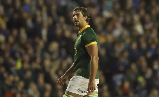 South Africa's Eben Etzebeth reacts to a teammate during the Autumn Nations series rugby union match between Scotland and South Africa in Edinburgh, Scotland, Sunday, Nov. 10, 2024. (AP Photo/Scott Heppell)