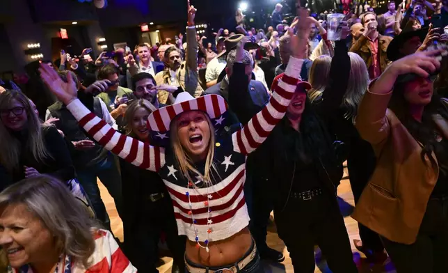 FILE - Supporters cheer at an election night watch party for Republican Montana Senate candidate Tim Sheehy, Nov. 6, 2024, in Bozeman, Mont. (AP Photo/Tommy Martino, File)