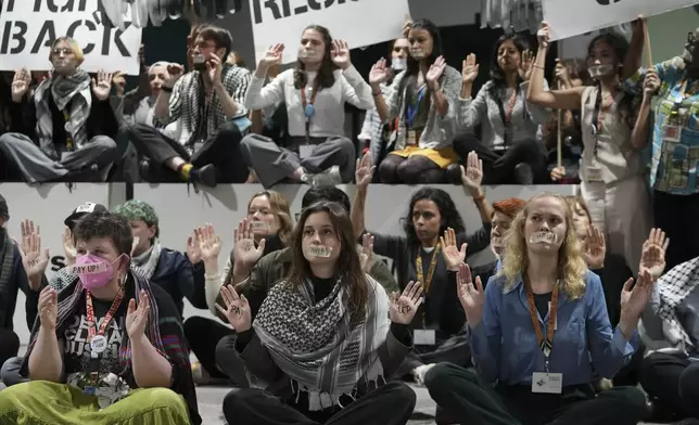 Activists participate in a demonstration at the COP29 U.N. Climate Summit, Saturday, Nov. 23, 2024, in Baku, Azerbaijan. (AP Photo/Sergei Grits)