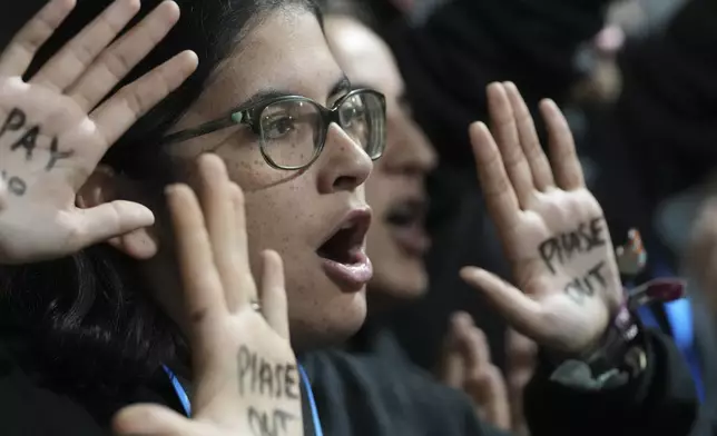 An activists participates in a demonstration for climate finance at the COP29 U.N. Climate Summit, Saturday, Nov. 23, 2024, in Baku, Azerbaijan. (AP Photo/Sergei Grits)