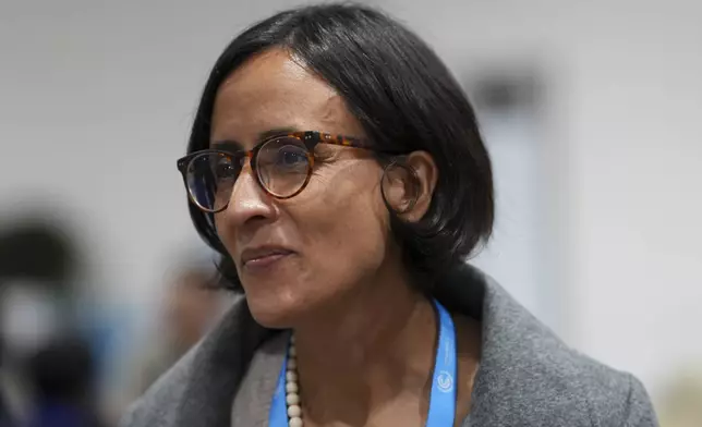 Susana Muhamad, environment minister of Colombia, speaks to members of the media during the COP29 U.N. Climate Summit, Saturday, Nov. 23, 2024, in Baku, Azerbaijan. (AP Photo/Peter Dejong)