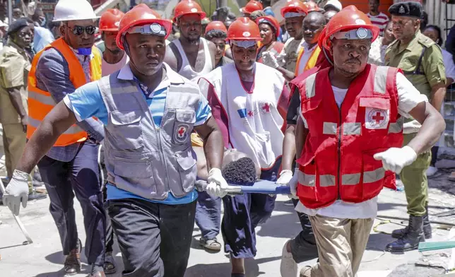 Rescue workers carry a person rescued from the rubble of a building that collapsed in Dar es Salaam, Tanzania, Saturday, Nov. 16, 2024. (AP Photo)