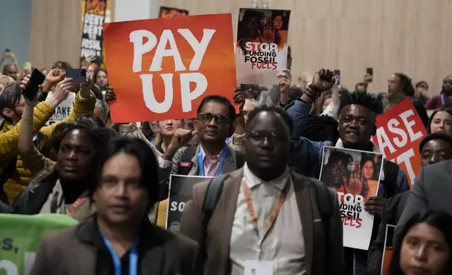 Activists participate in a demonstration for climate finance during the COP29 U.N. Climate Summit, Saturday, Nov. 16, 2024, in Baku, Azerbaijan. (AP Photo/Rafiq Maqbool)