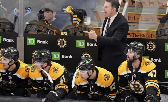 Boston Bruins interim head coach Joe Sacco calls to his players during the first period of an NHL hockey game against the Vancouver Canucks, Tuesday, Nov. 26, 2024, in Boston. (AP Photo/Charles Krupa)