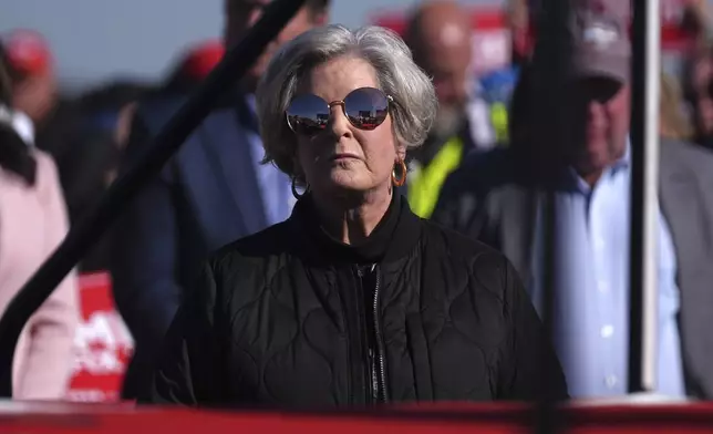 FILE - Susie Wiles watches as Republican presidential nominee former President Donald Trump speaks at a campaign rally in Lititz, Pa., Nov. 3, 2024. (AP Photo/Evan Vucci, File)