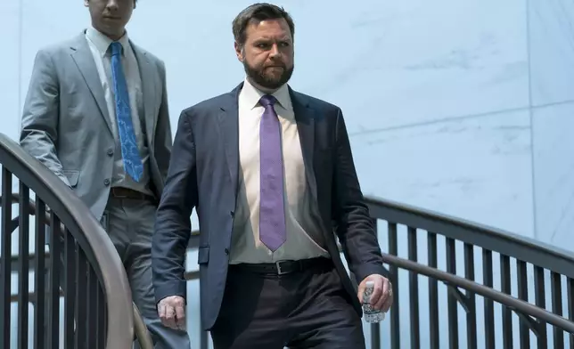 FILE - Sen. JD Vance, R-Ohio, arrives for a classified briefing on China, at the Capitol in Washington, Feb. 15, 2023. (AP Photo/J. Scott Applewhite, File)