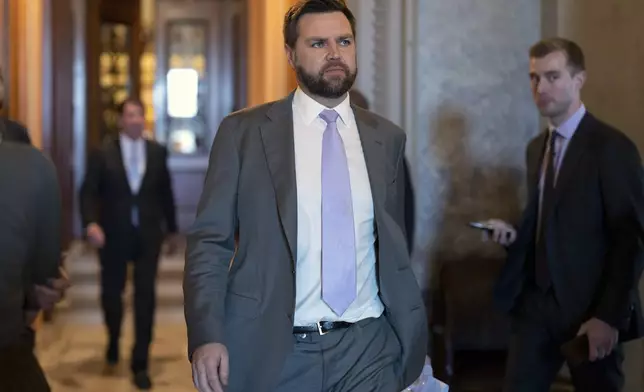 FILE - Sen. JD Vance, R-Ohio, departs the chamber at the Capitol in Washington, March 15, 2023. (AP Photo/J. Scott Applewhite, File)