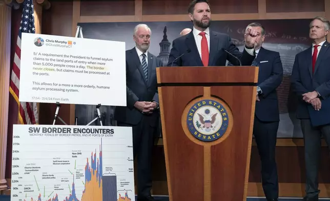 FILE - Sen. JD Vance R-Ohio speaks during a news conference on Capitol Hill in Washington, Feb. 6, 2024. (AP Photo/Jose Luis Magana, File)