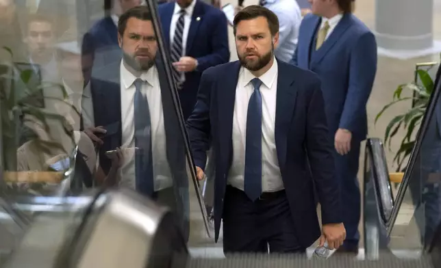 FILE - Sen. JD Vance, R-Ohio, arrives for a vote on Capitol Hill, Sept. 12, 2023 in Washington. (AP Photo/Mark Schiefelbein, File)