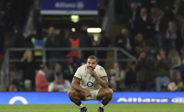 England's Ollie Lawrence reacts after the end of the Autumn Nations series rugby union match between England and South Africa, at Twickenham, in London, Saturday, Nov. 16, 2024, South Africa won the game 29-20. (AP Photo/Ian Walton)