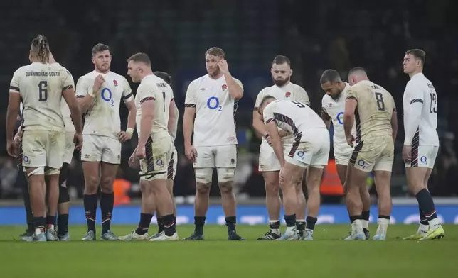 England players reacts after the end of the Autumn Nations series rugby union match between England and South Africa, at Twickenham, in London, Saturday, Nov. 16, 2024, South Africa won the game 29-20. (AP Photo/Kin Cheung)