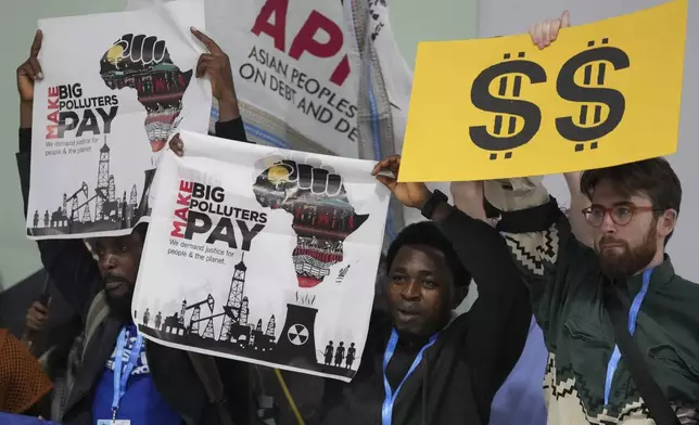 Activists participate in a demonstration for climate finance at the COP29 U.N. Climate Summit, Tuesday, Nov. 19, 2024, in Baku, Azerbaijan. (AP Photo/Sergei Grits)