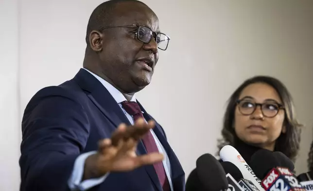 Jussie Smollett's lead defense attorney Nenye Uche speaks to reporters during a news conference Thursday, Nov. 21, 2024, In Chicago, after the Illinois Supreme Court overturned Smollett's conviction on charges of staging a racist and homophobic attack against himself in 2019 and lying to Chicago police. (Ashlee Rezin/Chicago Sun-Times via AP)