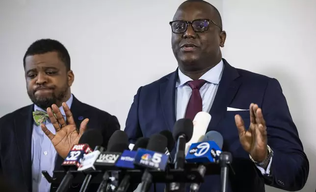 Jussie Smollett's lead defense attorney Nenye Uche speaks to reporters during a news conference Thursday, Nov. 21, 2024, In Chicago, after the Illinois Supreme Court overturned Smollett's conviction on charges of staging a racist and homophobic attack against himself in 2019 and lying to Chicago police. (Ashlee Rezin/Chicago Sun-Times via AP)