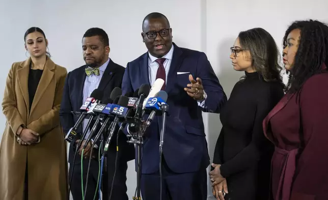 Jussie Smollett's lead defense attorney Nenye Uche speaks to reporters during a news conference Thursday, Nov. 21, 2024, In Chicago, after the Illinois Supreme Court overturned Smollett's conviction on charges of staging a racist and homophobic attack against himself in 2019 and lying to Chicago police. (Ashlee Rezin/Chicago Sun-Times via AP)