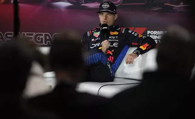 Red Bull driver Max Verstappen, of the Netherlands, fields questions after the F1 Las Vegas Grand Prix auto race, Sunday, Nov. 24, 2024, in Las Vegas. (AP Photo/Matt York)