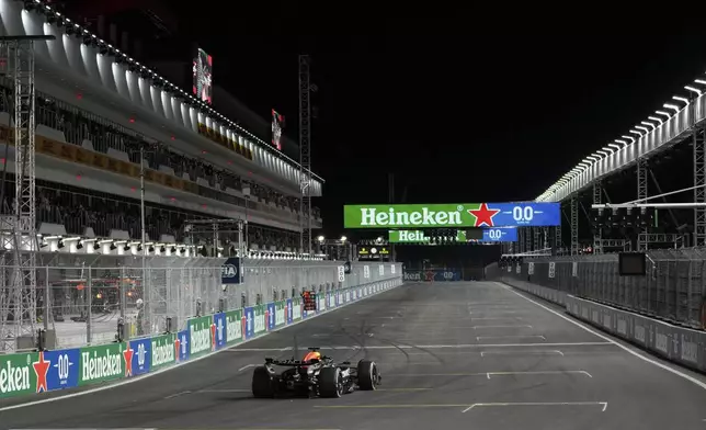 Red Bull driver Max Verstappen, of the Netherlands, races during the F1 Las Vegas Grand Prix auto race, Saturday, Nov. 23, 2024, in Las Vegas. (AP Photo/Matt York)